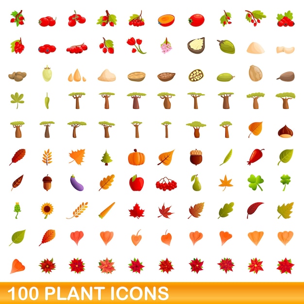 Conjunto de 100 ícones de plantas, estilo cartoon