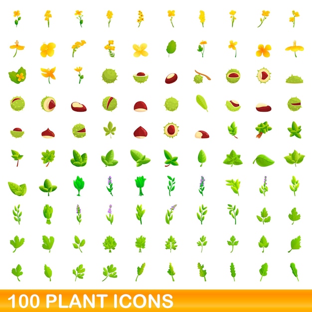 Conjunto de 100 ícones de plantas. ilustração dos desenhos animados de 100 ícones de plantas conjunto de vetores isolado no fundo branco