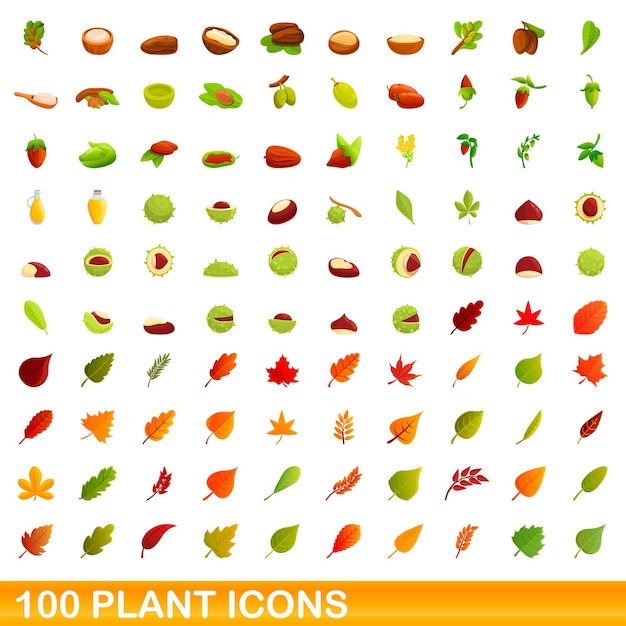 Conjunto de 100 ícones de plantas. ilustração dos desenhos animados do conjunto de vetores de 100 ícones de plantas isolado no fundo branco