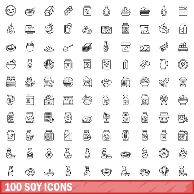 Conjunto de 100 ícones de soja Ilustração de contorno de um conjunto vetorial de 100 ícone de soja isolado em fundo branco