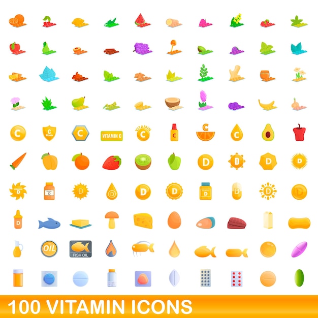 Conjunto de 100 ícones de vitamina. ilustração dos desenhos animados de 100 ícones de vitamina conjunto de vetores isolado no fundo branco