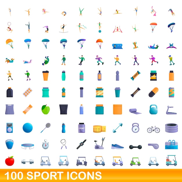 Conjunto de 100 ícones do esporte. ilustração dos desenhos animados de 100 ícones do esporte isolados no fundo branco