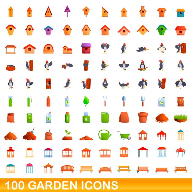 Conjunto de 100 ícones do jardim. ilustração dos desenhos animados do conjunto de vetores de 100 ícones de jardim isolado no fundo branco