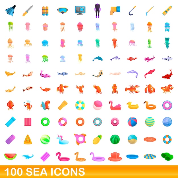 Conjunto de 100 ícones do mar. ilustração dos desenhos animados de 100 ícones do mar isolados no fundo branco