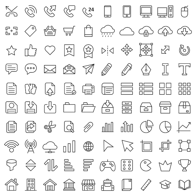 Conjunto de 100 recursos básicos do ícone ui-ux