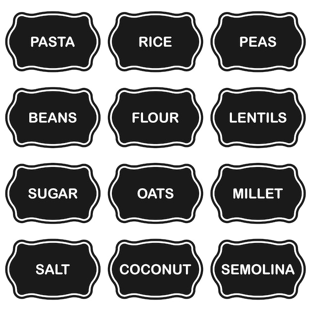 Vetor conjunto de 12 autocolantes vetoriais com nomes de cereais em inglês. autocolantes, rótulos para boiões de cereais.