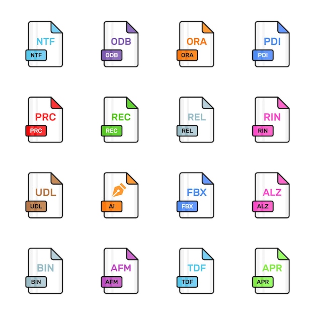 Conjunto de 12 ícones de formato de arquivo exibindo claramente diferentes extensões de arquivo, por exemplo, NTF ODB PRC