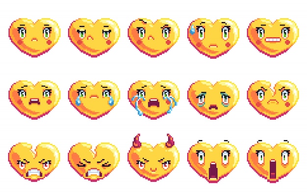 Vetor conjunto de 15 emoções negativas em forma de coração pixel art emoji na cor dourada