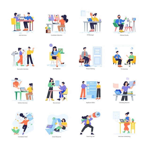 Conjunto de 16 entrevistas Ilustrações de caracteres planos