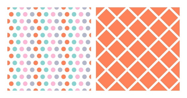 Conjunto de 2 padrões sem emenda com pontos coloridos e quadrados laranja.