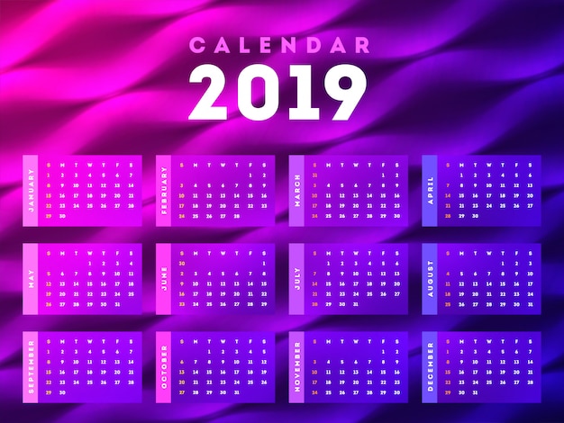 Conjunto de 2019 projeto de calendário mensal.