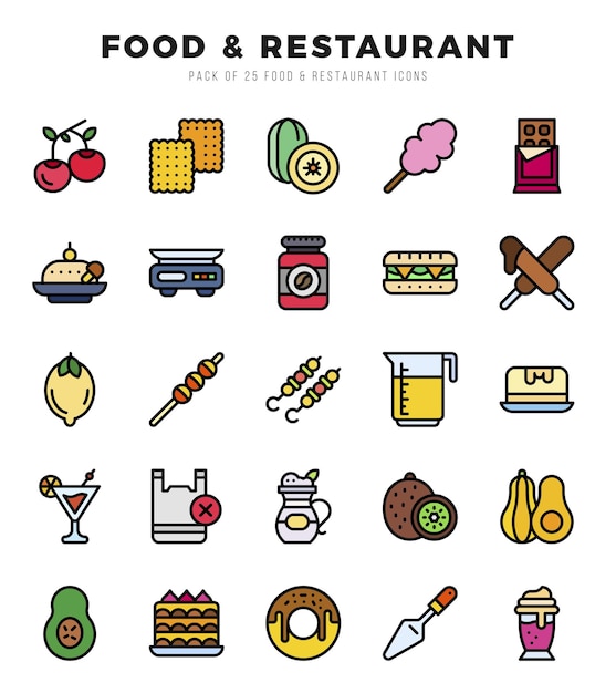 Conjunto de 25 ícones de cores lineares de alimentos e restaurantes