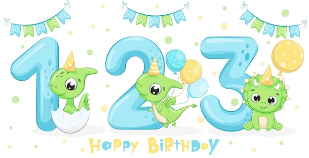 Conjunto de 3 dinossauros verdes fofos "Feliz aniversário, 1,2,3 anos". Ilustração em vetor de um desenho animado.