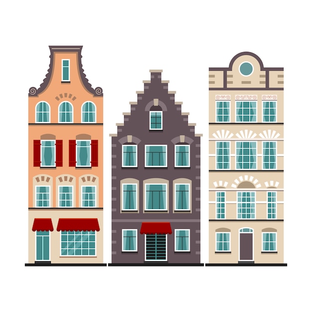 Conjunto de 3 fachadas de desenhos animados de casas antigas de amsterdã