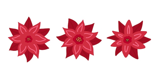 Conjunto de 3 poinsettia christmas star flores vermelhas simples mão desenhada plana doodle ilustração vetorial