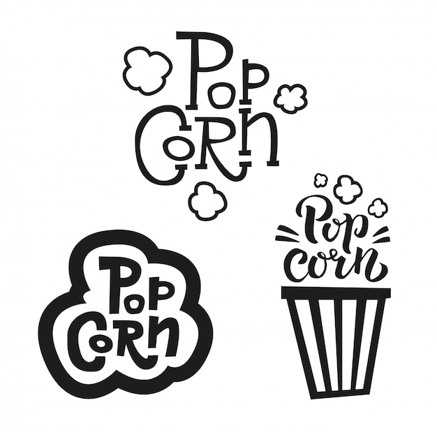 Conjunto de 3 rótulos de texto de pipoca em estilos diferentes. sinal de tipografia desenhada de mão. coleção de logotipo branco preto.