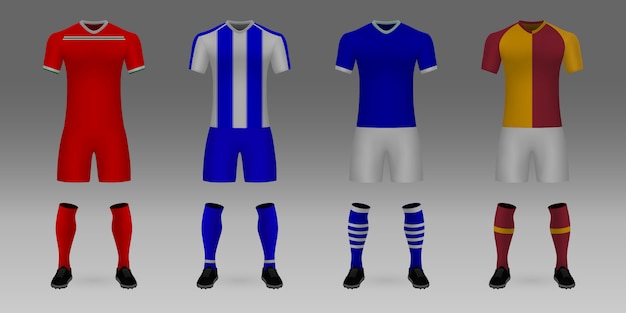 Vetor conjunto de 3d realista modelo futebol jersey lokomotiv moscou, porto, schalke, galatasaray.