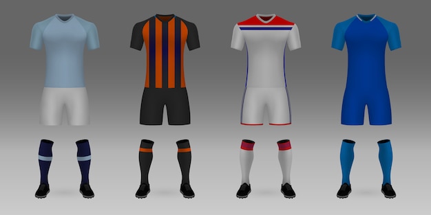 Vetor conjunto de 3d realista modelo futebol jersey manchester city, shakhtar, lyon, hoffenheim.