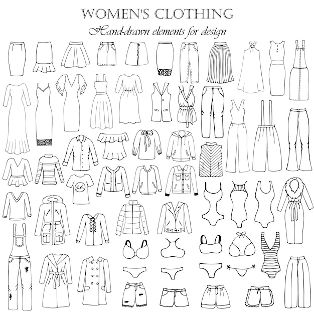 Conjunto de 55 elementos desenhados à mão, de roupas femininas para design. ilustração em vetor em preto e branco