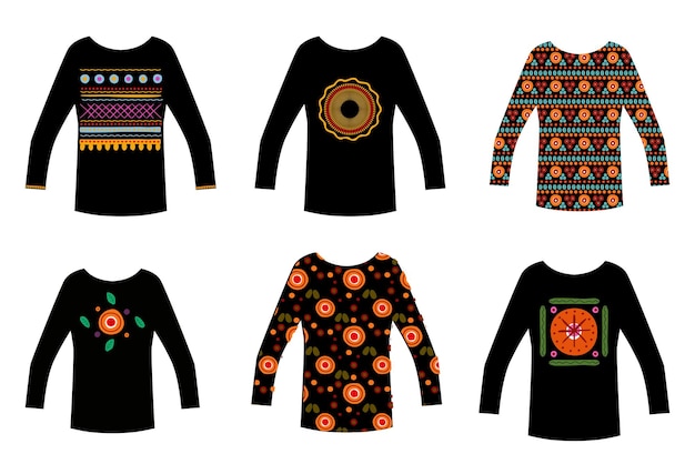 Conjunto de 6 camisolas com padrões folk