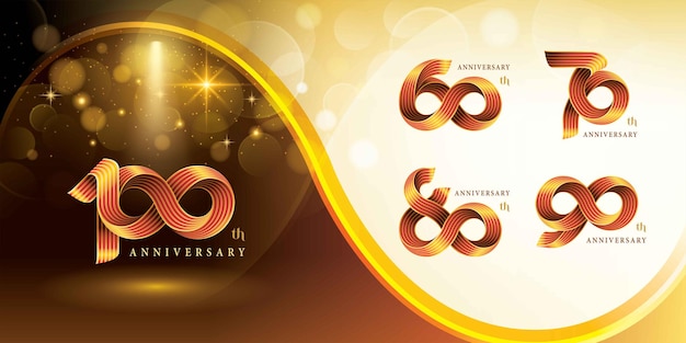 Conjunto de 60 a 100 anos Design de logotipo de aniversário Logotipo de aniversário Gold Twist Infinity múltiplo