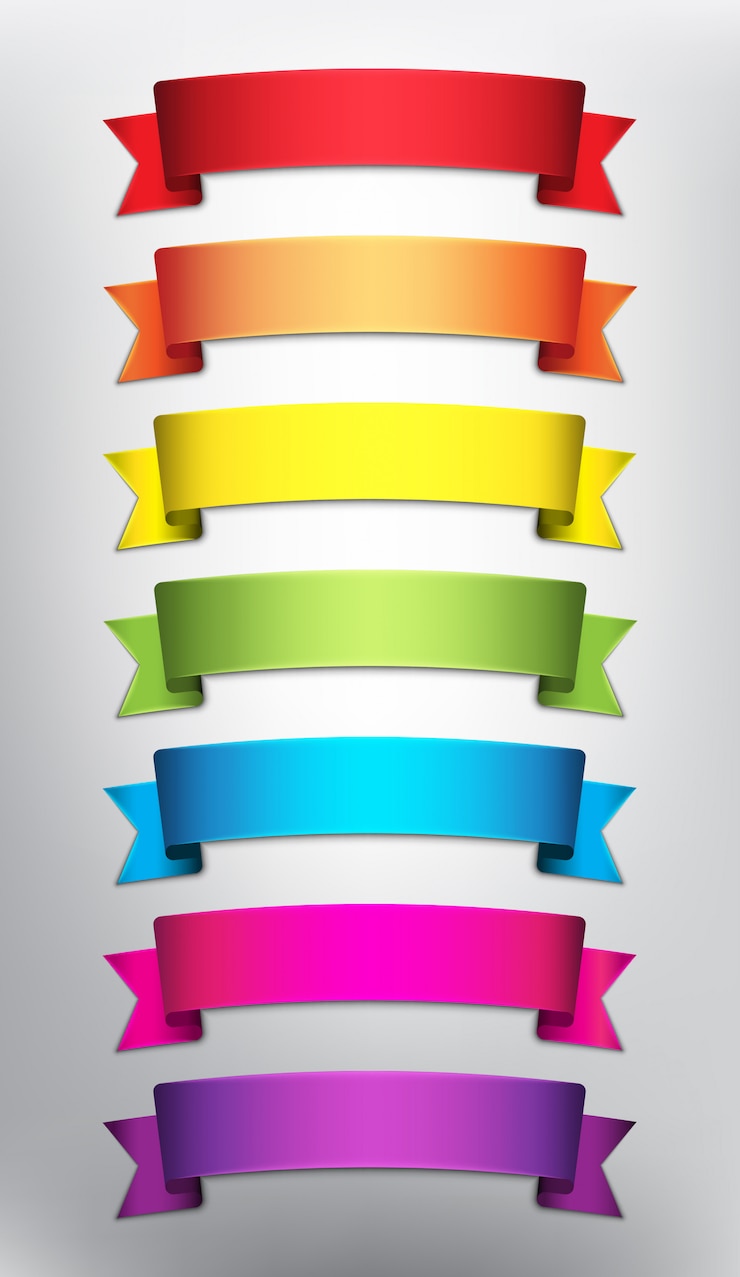 Vetor conjunto de 7 banners de fita em branco em cores brilhantes.