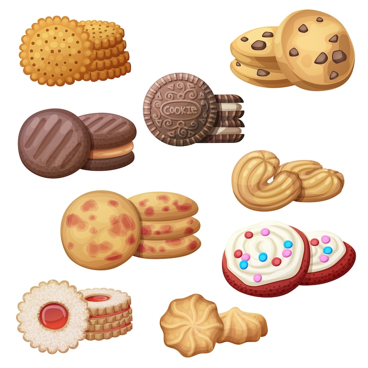 Vetor conjunto de 9 biscoitos deliciosos ilustração vetorial de desenho animado ícones doces de comida isolados em branco
