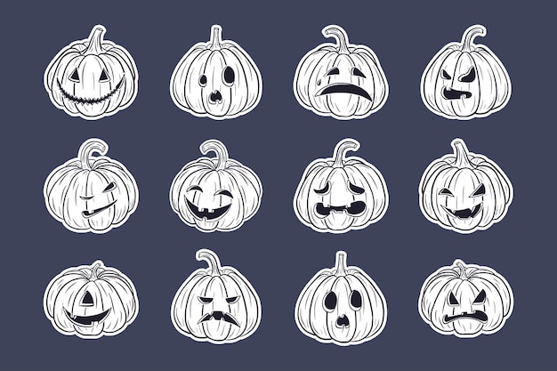 Conjunto de abóboras assustadoras de halloween com rostos adesivos. coleção de ilustrações de abóbora jack lanterna para cartões de férias de outono, convites, design de embalagem, decoração. vetor premium