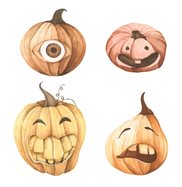 Vetor conjunto de abóboras para ilustração de aquarela de halloween