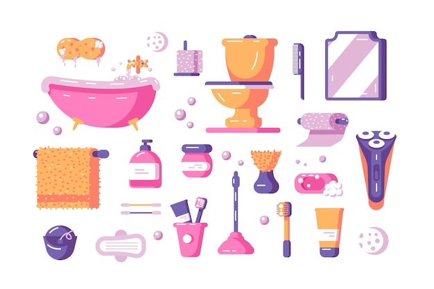 Conjunto de acessórios de banho ilustração vetorial A coleção consiste em utensílios e equipamentos de toalete, como banheira, espelho de toalete, toalheiro, bumf, barbeador e vários cosméticos, conceito plano Isolado no branco
