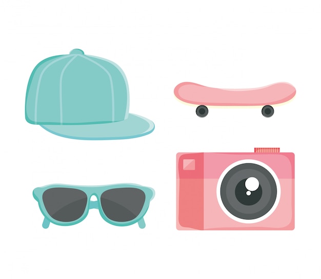 Conjunto de acessórios de cultura jovem: chapéu, skate, óculos de sol, câmera