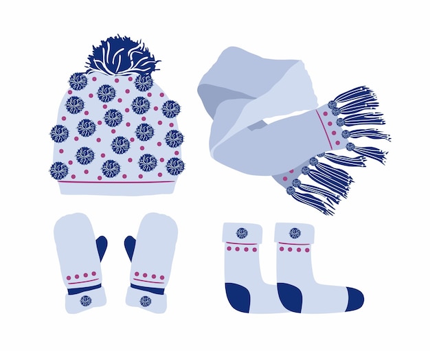 Vetor conjunto de acessórios de inverno chapéu de malha cachecol luvas meias luz azul estoque vetor ilustração plana