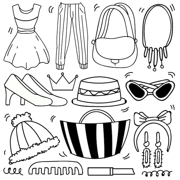 Conjunto de acessórios de moda mulher em estilo doodle isolado no fundo branco, tema de vestuário conjunto de mão desenhada de vetor. ilustração vetorial