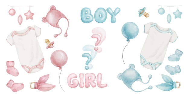 Conjunto de acessórios para recém-nascidos Menino ou menina Bodysuit chupeta chupeta meias brinquedo pirâmide dentada sexo do bebê revela festa ilustrações de aquarela isoladas para crianças boas cartões de loja banho de bebê