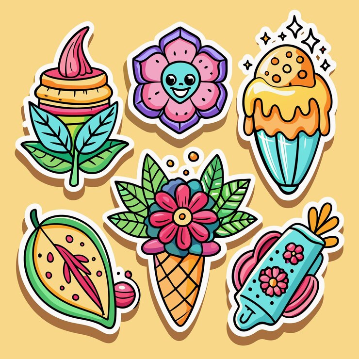 Vetor conjunto de adesivos bonitos com flores e folhas de sorvete