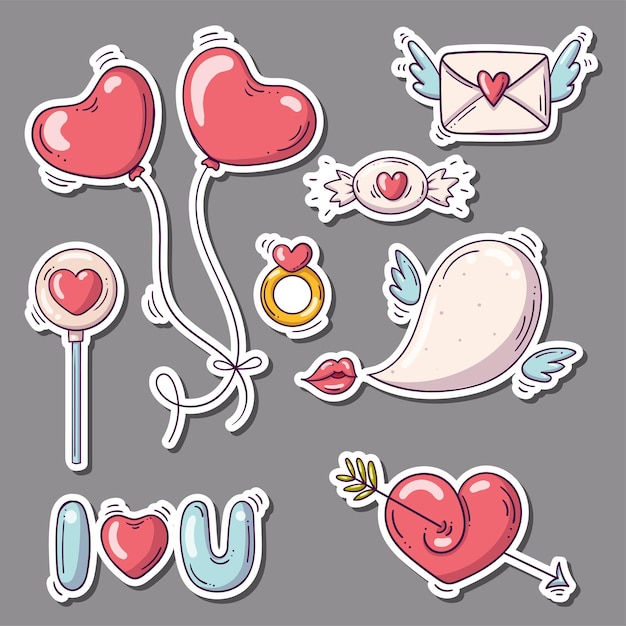 Vetor conjunto de adesivos com corações e outros em estilo doodle