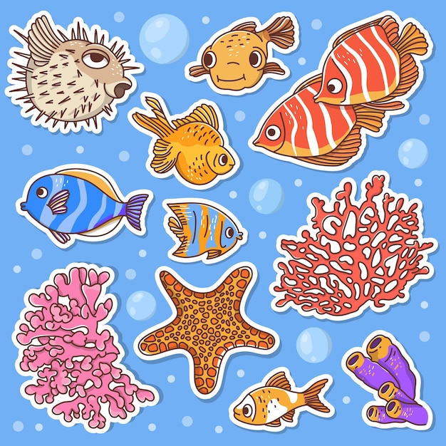 Vetor conjunto de adesivos com peixes do mar e animais no estilo doodle.