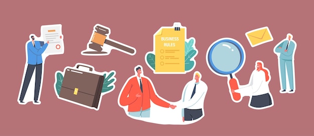 Conjunto de adesivos com personagens de negócios apertando as mãos, martelo, pasta e mulher de negócios com lupa, papel de regulamento de regras de negócios, conformidade da empresa. Ilustração em vetor desenho animado