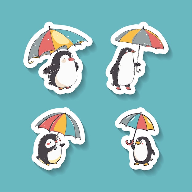 Vetor conjunto de adesivos com pinguins adoráveis segurando guarda-chuvas coloridos em várias poses