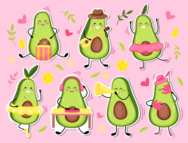 Vetor conjunto de adesivos de abacate. frutas kawaii fofas. estilo liso dos desenhos animados.
