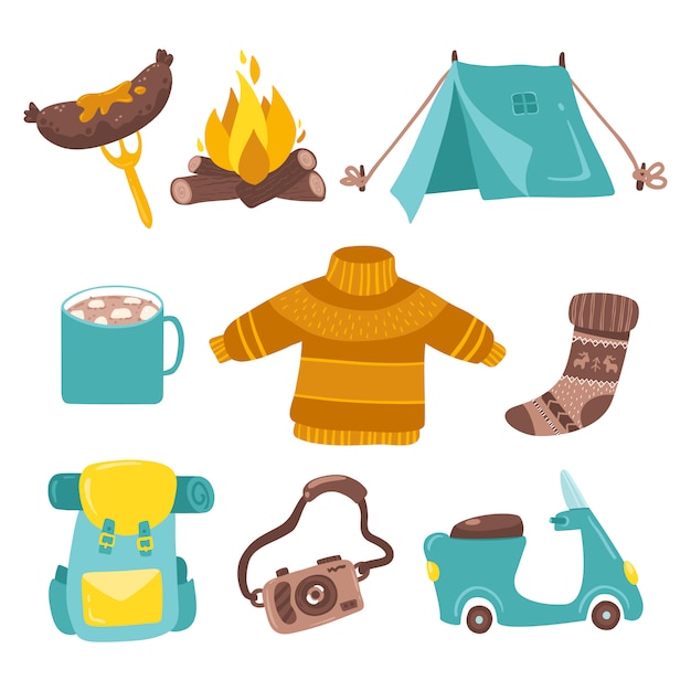 Vetor conjunto de adesivos de acampamento. piquenique de turismo. uma barraca com fogueira, comida, mochila e outras coisas. ilustração plana isolada no estilo cartoon simples sobre um fundo branco