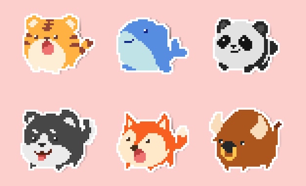 Conjunto de adesivos de animais de desenho animado estilo pixel art fofos e adoráveis 2