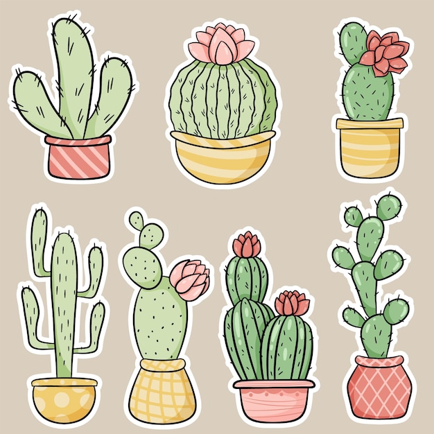 Vetores de Bonito Conjunto De Cactos Desenhados À Mão Dos Desenhos