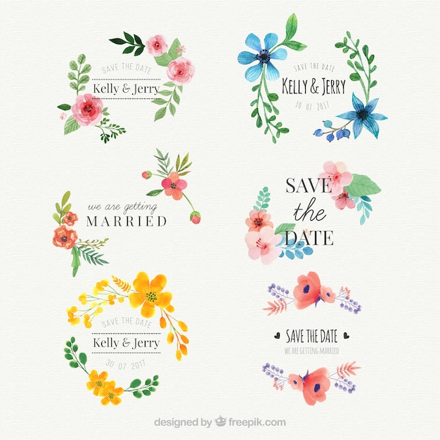 Conjunto de adesivos de casamento de aguarela floral