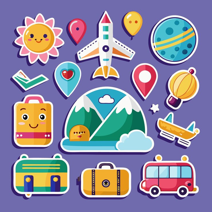 Vetor conjunto de adesivos de desenho animado de viagens, transporte e férias