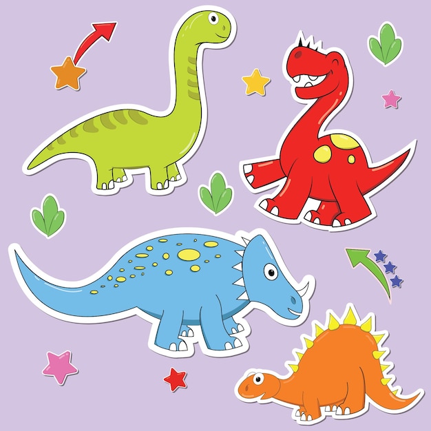 Vetor conjunto de adesivos de diferentes tipos de dinossauros coloridos