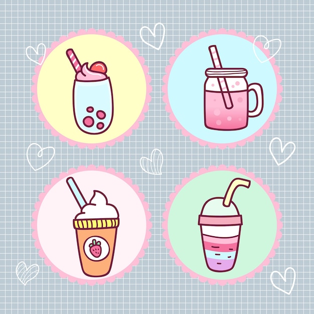 Conjunto de adesivos de doodle de bebida de comida kawaii