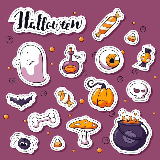 Vetor conjunto de adesivos de doodle feliz dia das bruxas. elementos de design de etiqueta com letras de halloween
