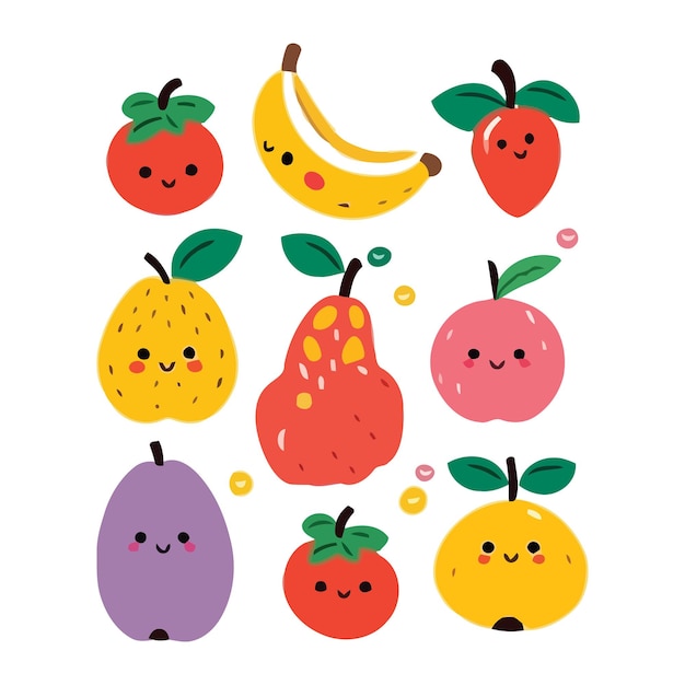 Conjunto de adesivos de frutas fofas e ilustração vetorial de desenho animado