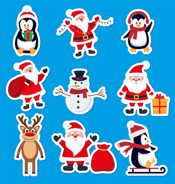 Conjunto de adesivos de natal de papai noel, boneco de neve, cervo e pinguim ilustração vetorial design eps 10